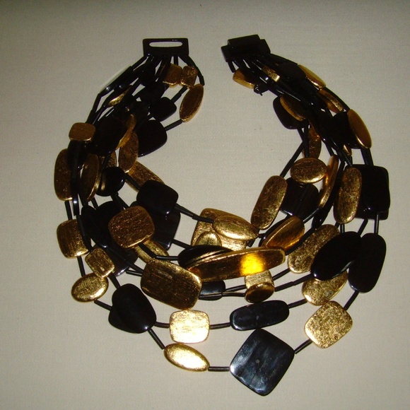 MONIES Gerda Lynggard Multi-Strand Black and Gold Leaf Statement Necklace - Picture 15 of 16
